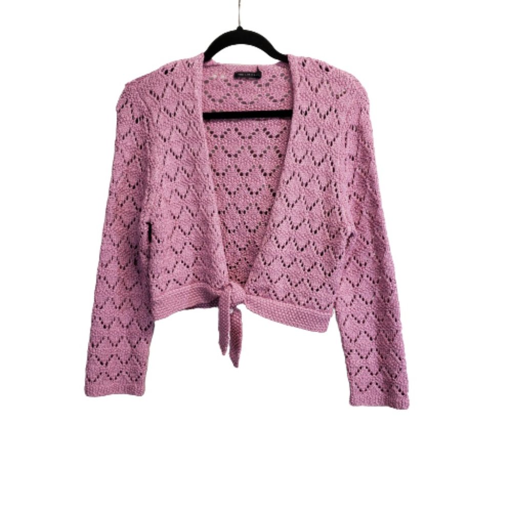 The Limited Pink Crochet Tie Front Crop Cardigan L